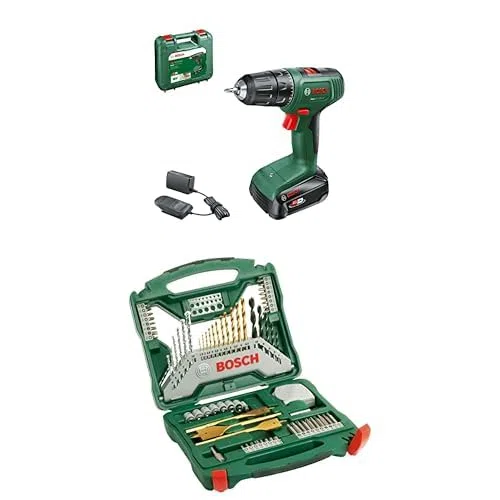 Bosch Home and Garden Perceuse-Visseuse sans fil EasyDrill 18V-40 (1 Batterie 2,0 Ah, Système 18 V, dans Coffret de Transport) + Bosch 70 pièces Ensemble de forets et de tournevis en titane X-Line