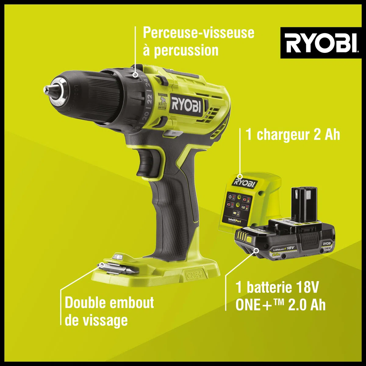 RYOBI - Perceuse-visseuse à percussion 18V - 2 vitesses - 50 Nm - 500-1 800 tr/min - réglage de couple 24 positions - mandrin 13 mm livrée avec 1 batterie 2Ah et son chargeur - R18PD32-1C20G