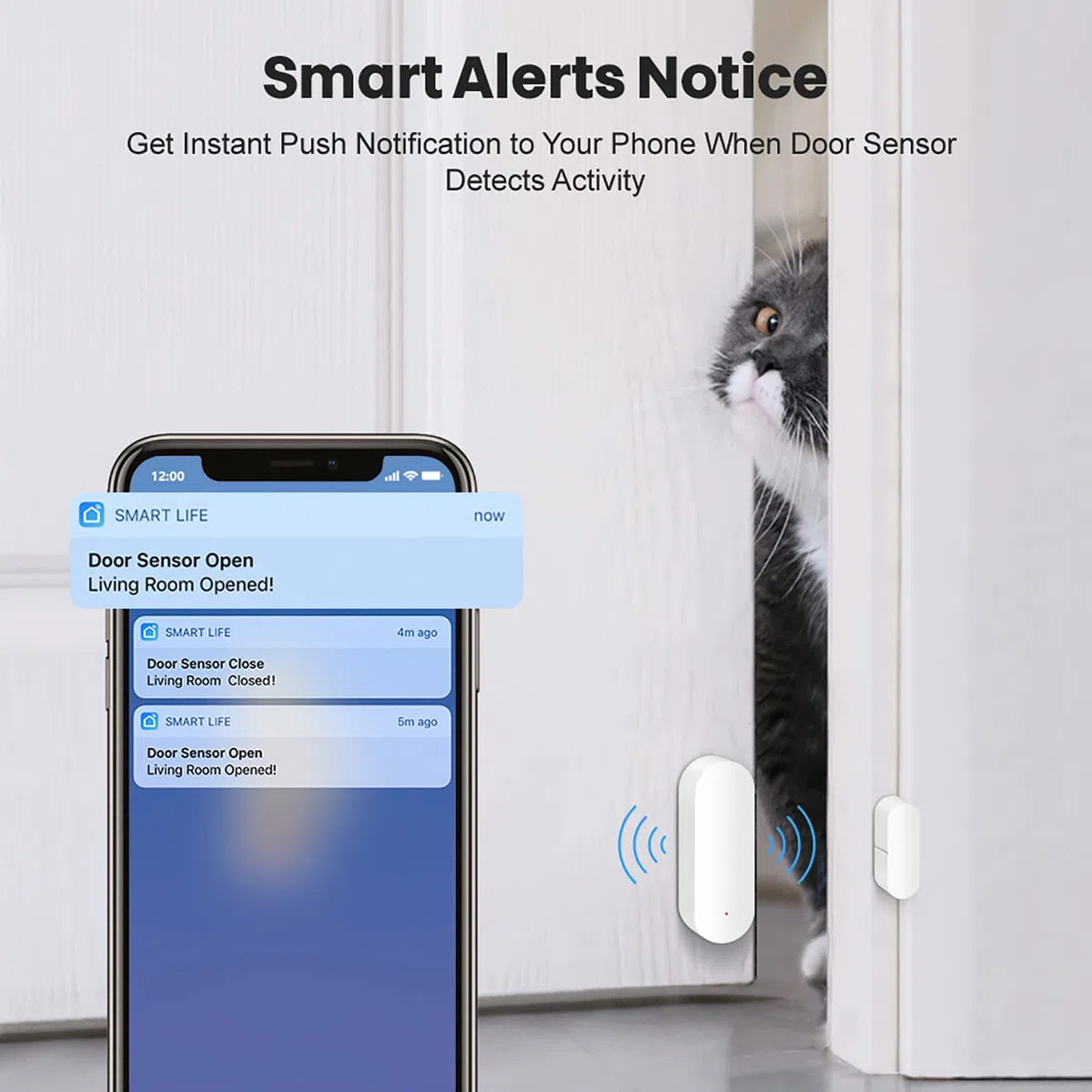 Lot de 2 capteurs de porte WiFi : capteur de contact de fenêtre intelligent, alertes d'application gratuites, programmable avec les appareils Tuya/Smart Life pour la sécurité à domicile et