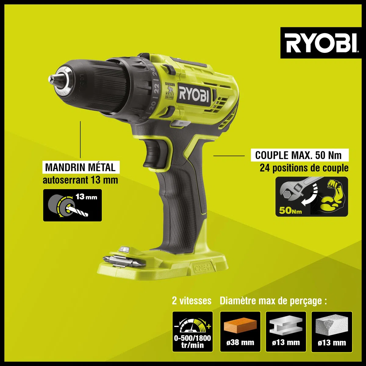 RYOBI - Perceuse-visseuse à percussion 18V - 2 vitesses - 50 Nm - 500-1 800 tr/min - réglage de couple 24 positions - mandrin 13 mm livrée avec 1 batterie 2Ah et son chargeur - R18PD32-1C20G