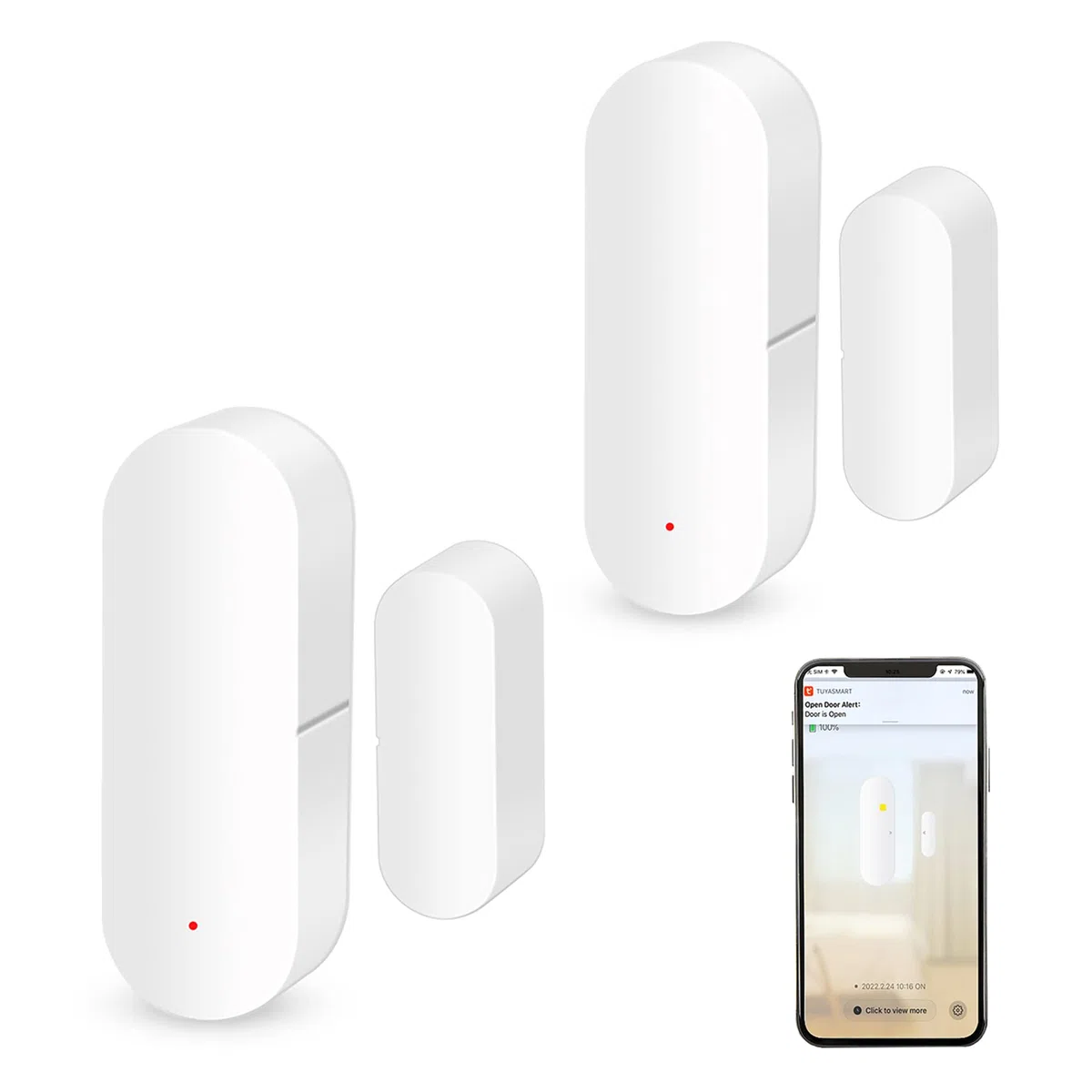 Lot de 2 capteurs de porte WiFi : capteur de contact de fenêtre intelligent, alertes d'application gratuites, programmable avec les appareils Tuya/Smart Life pour la sécurité à domicile et