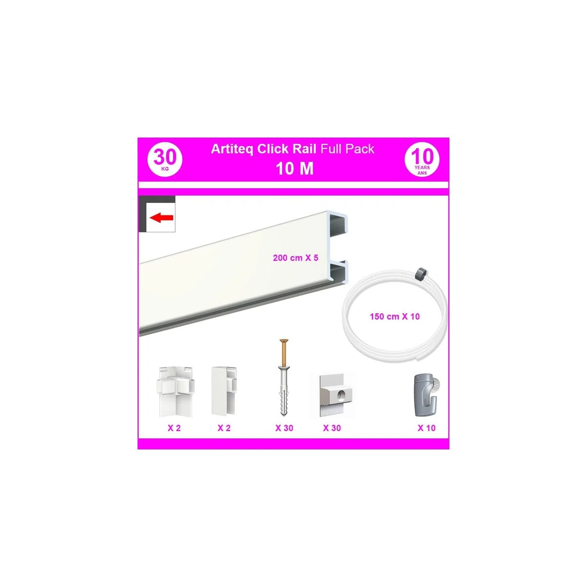 Arti Teq - Pack Eco 10 mètres de cimaise Click Rail Couleur Blanc laqué (RAL9010) - Solution Suspension Cadres et Tableaux - Blanc