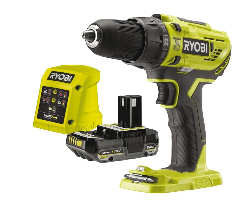 RYOBI - Perceuse-visseuse à percussion 18V - 2 vitesses - 50 Nm - 500-1 800 tr/min - réglage de couple 24 positions - mandrin 13 mm livrée avec 1 batterie 2Ah et son chargeur - R18PD32-1C20G