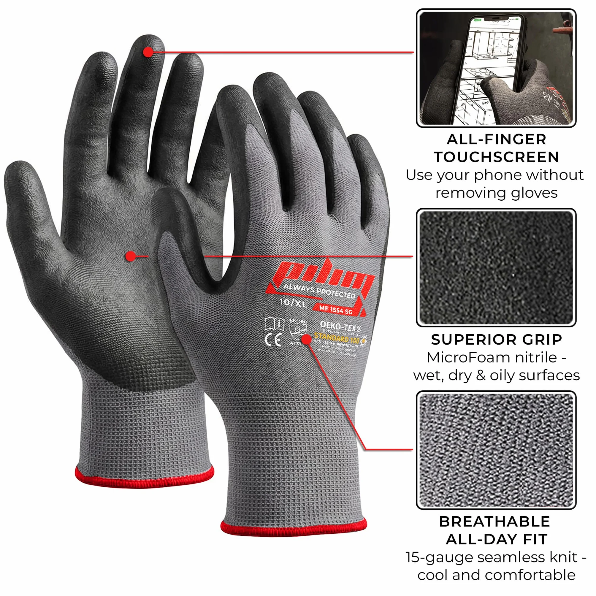 Gants de sécurité en nitrile Microfoam - Gants robustes pour la construction, le jardinage et la mécanique